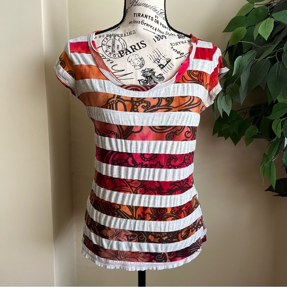 Mandee Striped Short Sleeve Printed T-Shirt Orange Sz M